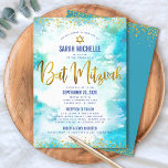 Convite Bat Mitzvah Dourada Turquoise Watercolor 2 Venue C<br><div class="desc">Tenha orgulho, alegria e mostre este marco do seu Bat Mitzvah favorito! Envie este convite personalizado, moderno e espantoso para um evento que se lembre. Escrita de folha de ouro, pontos brilhantes. Estrela de David e script de tipografia sobrepõem um fundo azul de turquesa com aquarela. Personalize o texto personalizado...</div>
