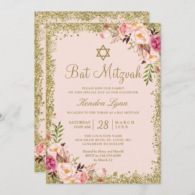 Convite Bat Mitzvah | Douradas Brilhas Cor-de-rosa (Frente/Verso)