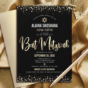 Convite Bat Mitzvah Dourado Preto Folha Brilho Script Mode