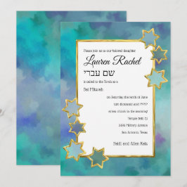 Convite Bat Mitzvah Dourado Star Abstract Azul
