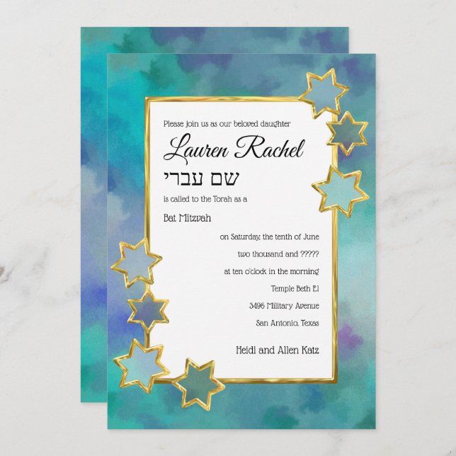 Convite Bat Mitzvah Dourado Star Abstract Azul (Frente/Verso)