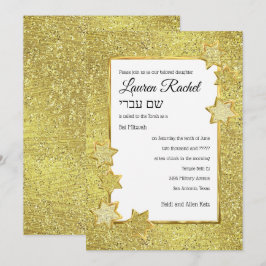 Convite Bat Mitzvah Dourado Star Frame sobre o Glitter Dou