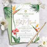 Convite Bat Mitzvah Dourado Tropical Floral Watercolor<br><div class="desc">Tenha orgulho, alegria e mostre este marco do seu Bat Mitzvah favorito com este sofisticado e personalizado convite! Na moda, atordoante, colorida, aves aquáticas tropicais de flores do paraíso, escrita falsa em ouro manuscrita, Estrela de David e pontos brilhantes, juntamente com serifa verde e cinza moderna de sans, sobrepõem um...</div>
