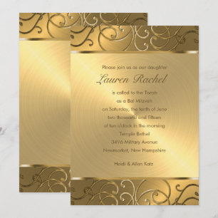 Convite Bat Mitzvah Elegant All Dourado Filigree