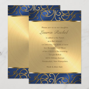 Convite Bat Mitzvah Elegant Blue e Dourado Filigree