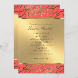 Convite Bat Mitzvah Elegant Coral e Dourado Filigree