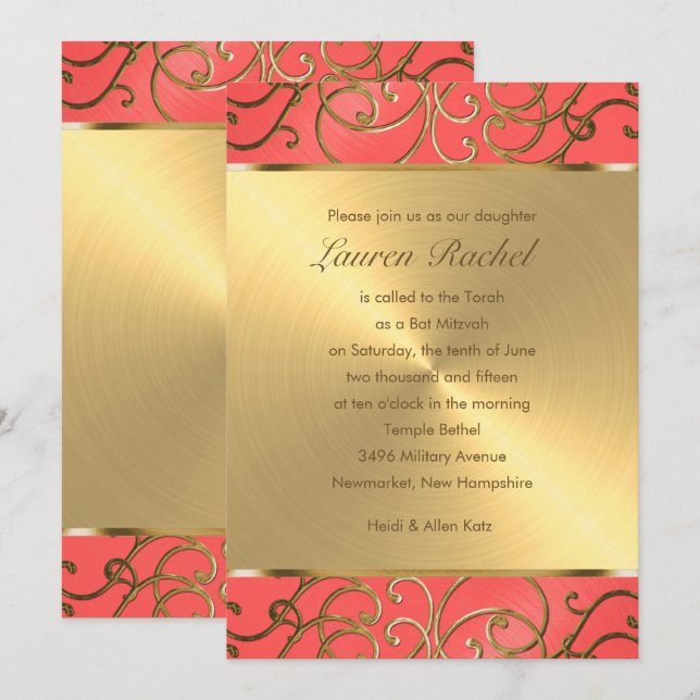 Convite Bat Mitzvah Elegant Coral e Dourado Filigree (Frente/Verso)