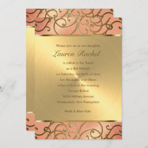 Convite Bat Mitzvah Elegant Peach e Dourado Filigree