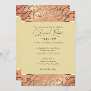 Convite Bat Mitzvah Elegant Peach e Dourado Filigree