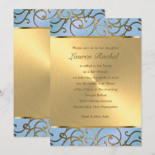Convite Bat Mitzvah Elegant Sky Blue e Dourado Filigree