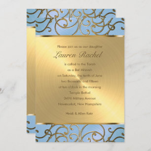 Convite Bat Mitzvah Elegant Sky Blue e Dourado Filigree