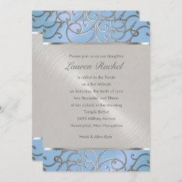 Convite Bat Mitzvah Elegant Sky Blue e Silver Filigree