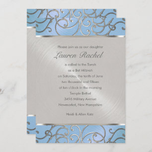 Convite Bat Mitzvah Elegant Sky Blue e Silver Filigree