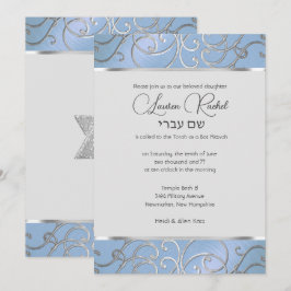 Convite Bat Mitzvah Elegant Sky Blue e Silver Filigree