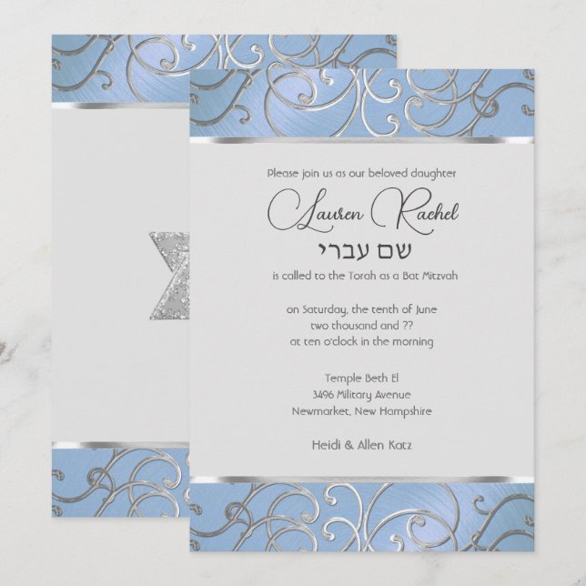 Convite Bat Mitzvah Elegant Sky Blue e Silver Filigree (Frente/Verso)
