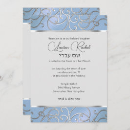 Convite Bat Mitzvah Elegant Sky Blue e Silver Filigree