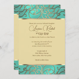 Convite Bat Mitzvah Elegante Aqua Green Filigree