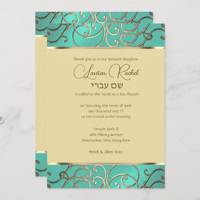 Convite Bat Mitzvah Elegante Aqua Green Filigree (Frente/Verso)