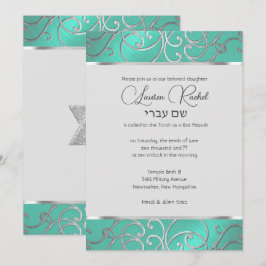 Convite Bat Mitzvah Elegante Aqua Green Silver Filigree