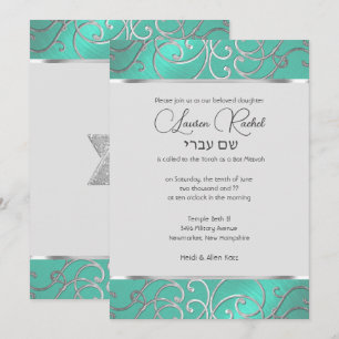 Convite Bat Mitzvah Elegante Aqua Green Silver Filigree