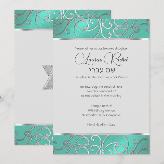 Convite Bat Mitzvah Elegante Aqua Green Silver Filigree (Frente/Verso)
