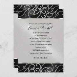 Convite Bat Mitzvah Elegante Black and Silver Filigree
