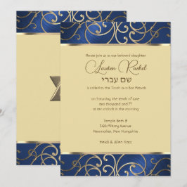 Convite Bat Mitzvah Elegante Blue e Dourado Filigree