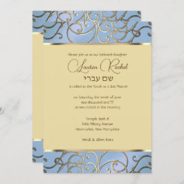 Convite Bat Mitzvah Elegante Dusty Blue e Dourado Filigree