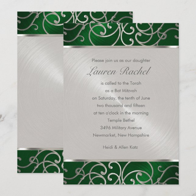 Convite Bat Mitzvah Elegante Emerald Green Silver Filigree (Frente/Verso)