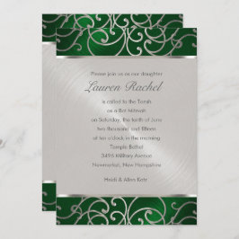 Convite Bat Mitzvah Elegante Emerald Green Silver Filigree
