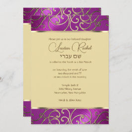 Convite Bat Mitzvah Elegante Framboesa Rosa Dourada