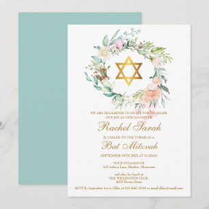 Convite Bat Mitzvah Elegante Grinalda Floral Aquarela