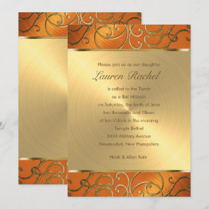 Convite Bat Mitzvah Elegante Laranja e Dourado Filigree