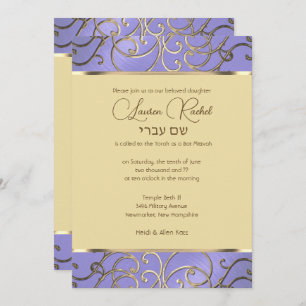 Convite Bat Mitzvah Elegante Lavanda Purple Dourado Filigr