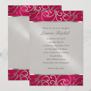 Convite Bat Mitzvah Elegante Magenta - Pink Silver Filigre