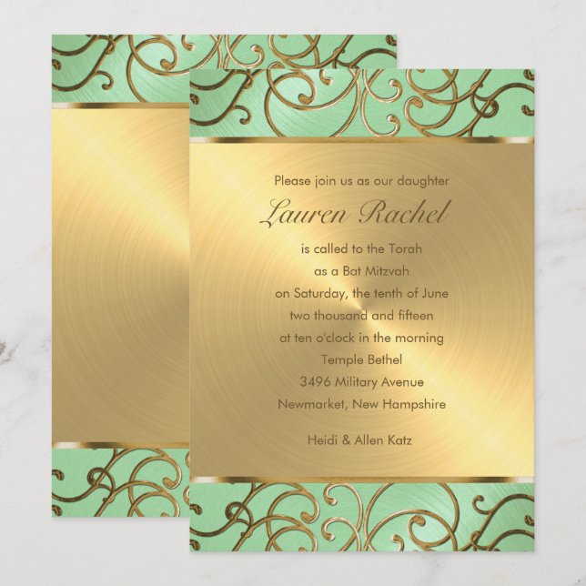 Convite Bat Mitzvah Elegante Mint Green Filigree (Frente/Verso)