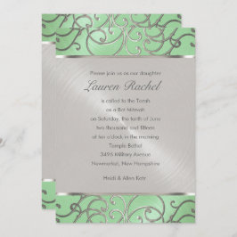Convite Bat Mitzvah Elegante Mint Green Silver Filigree