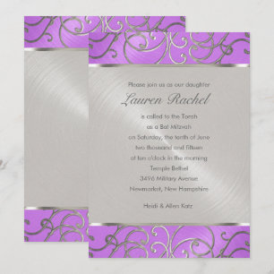Convite Bat Mitzvah Elegante Orchid Purple Silver Filigree