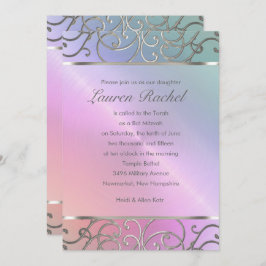 Convite Bat Mitzvah Elegante Pearl Pearl Silver Filigree