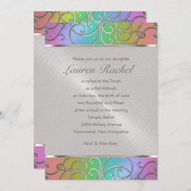 Convite Bat Mitzvah Elegante Rainbow e Silver Filigree (Frente/Verso)