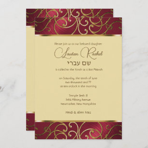 Convite Bat Mitzvah Elegante Red e Dourado Filigree