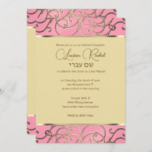 Convite Bat Mitzvah Elegante rosa e Dourado Filigree