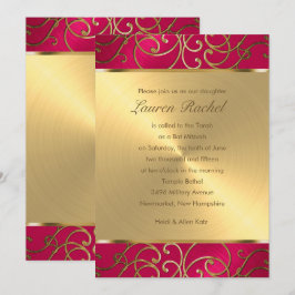 Convite Bat Mitzvah Elegante Rosa Magenta Dourado Filigran