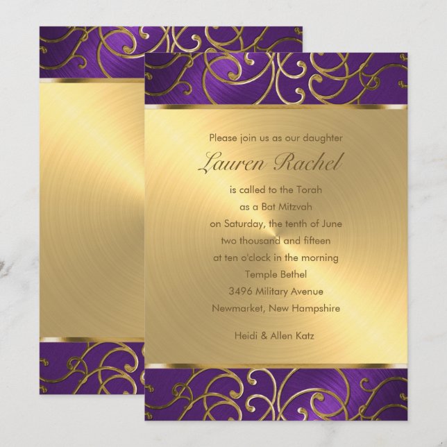Convite Bat Mitzvah Elegante Roxo e Dourado Filigree (Frente/Verso)