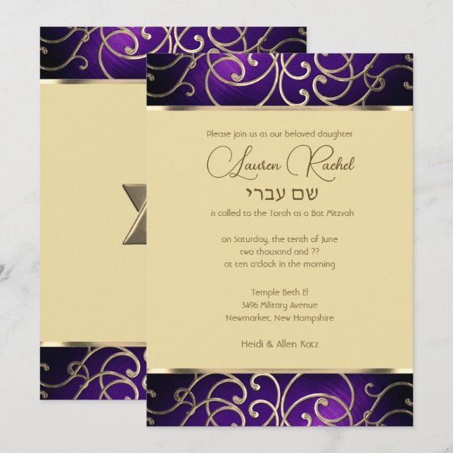 Convite Bat Mitzvah Elegante Roxo e Dourado Filigree (Frente/Verso)
