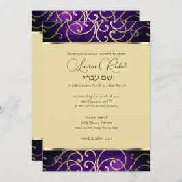 Convite Bat Mitzvah Elegante Roxo e Dourado Filigree