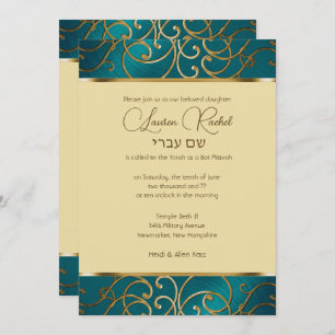 Convite Bat Mitzvah Elegante Teal Blue e Dourado Filigree