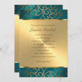 Convite Bat Mitzvah Elegante Teal Blue e Dourado Filigree