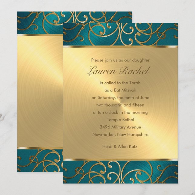 Convite Bat Mitzvah Elegante Teal Blue e Dourado Filigree (Frente/Verso)