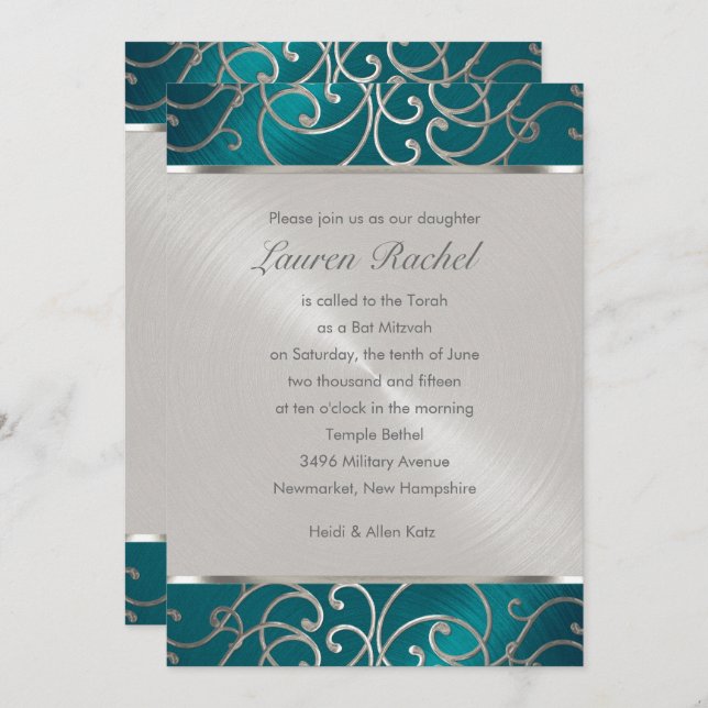 Convite Bat Mitzvah Elegante Teal Blue e Silver Filigree (Frente/Verso)